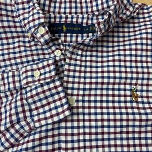 Ralph Lauren Mens Gingham Button Down Shirt Large Navy Blue Burgundy Cotton L/G